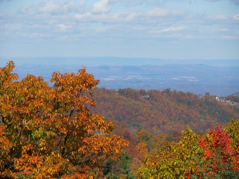 The autumn view from upper deck frames Pigeon Forge in the distance.