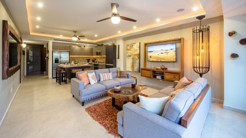 Living room and kitchen showing convertible/vented front door