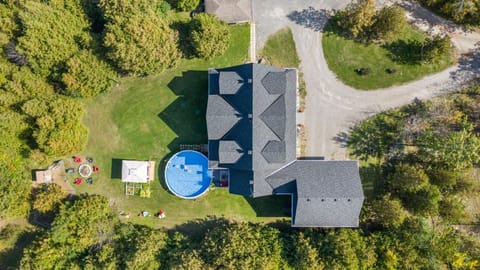 Ariel view of our house, pool backyard, firepit. 