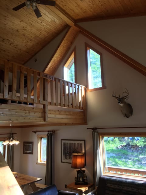 Loft overlooking the living area and the backyard/river.