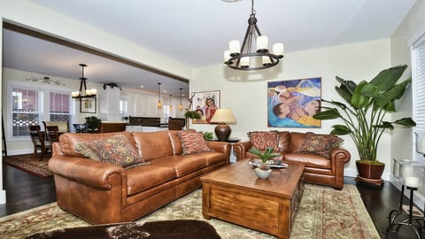 Comfortable leather couches in cozy living room