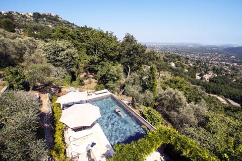 Infinity pool set into the olive grove - views of sea mountain lake & village.