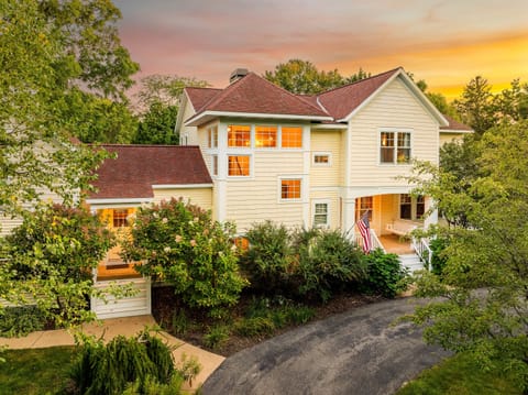 Aerial view of Saugatuck Modern Farmhouse - 4500sf of living space, private setting, 5-min walk to Downtown Saugatuck