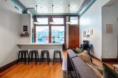 Main level bright and spacious kitchen with breakfast bar and seating at the Bank Haus.