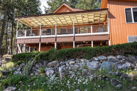 Looking up at the cabin from the yard below