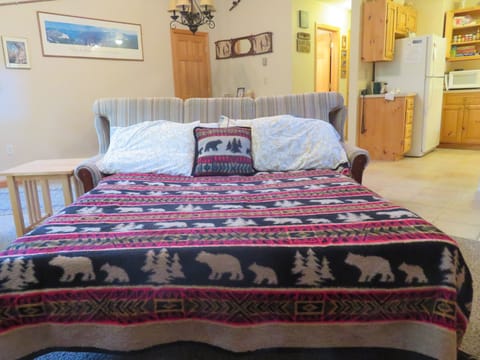 Queen sleeper sofa in Great Room with memory foam mattress topper. 