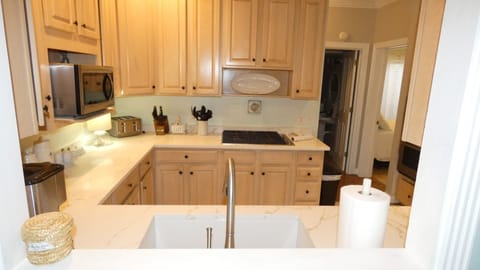 View of kitchen through serving window
