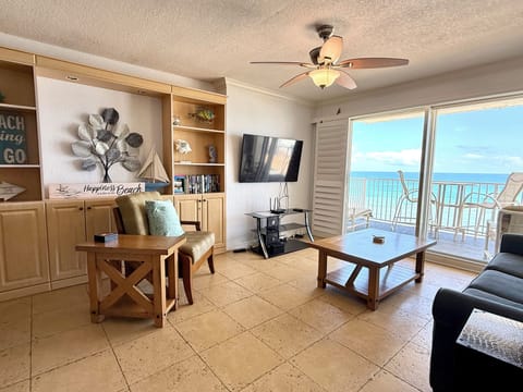 Beachfront living room with balcony and beautiful view of the beach