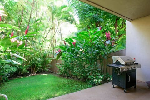 The lanai has a small BBQ area