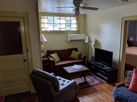 View from kitchen back to TV/living room.  Love seat folds out to a single bed 