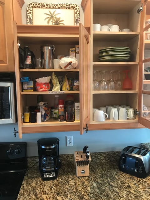 Cups, plates, mugs and some dry ingredients and condiments.