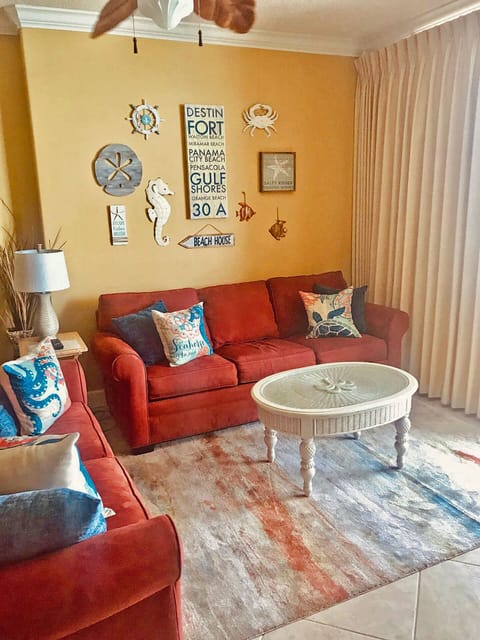 Living area with pullout 
with sofa sleeper and slider to balcony