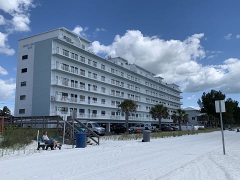 Boardwalk with picnic tables and charcoal grills