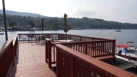 Our large deck over the boat slip that comes with the rental on Winnipesaukee 