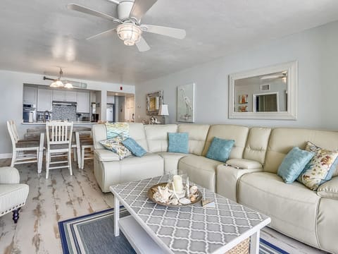 Reclining sofa for relaxing with family or friends.