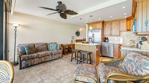 Living room with queen-sized sofa bed.
