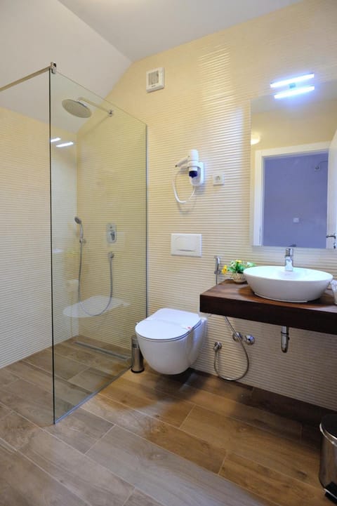 Shower, rainfall showerhead, hair dryer, slippers