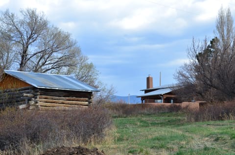 View of the house with surrounding log buildings