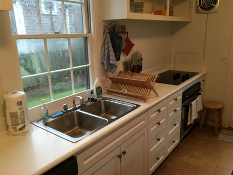 Kitchen facing the sink and stove/oven