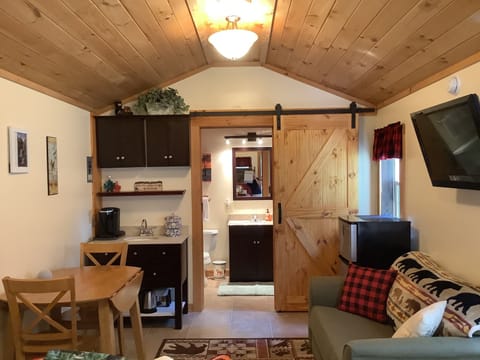 Cutest cabin living with a barn door that slides open & close to the bathroom 