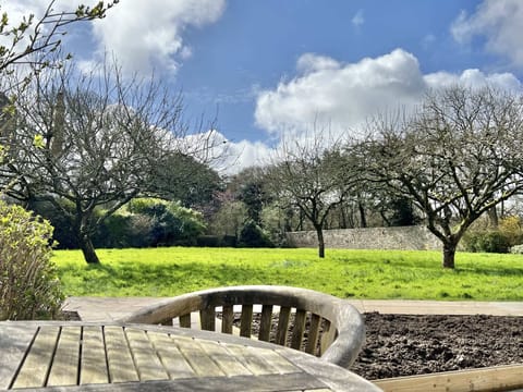 Patio with seating for 4, gas BBQ and view out accross the wall garden