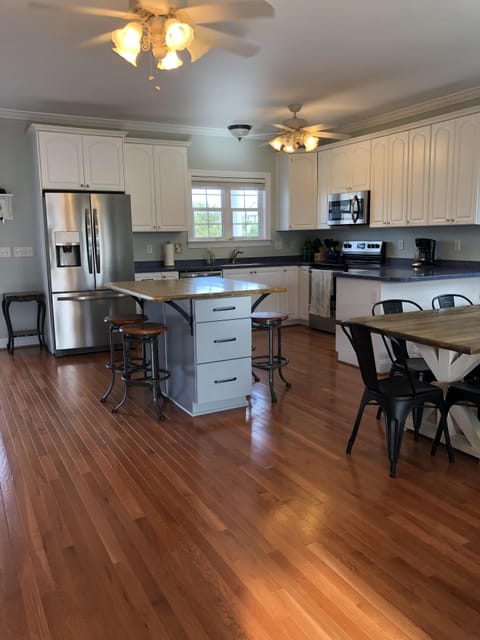 View into the kitchen and dining