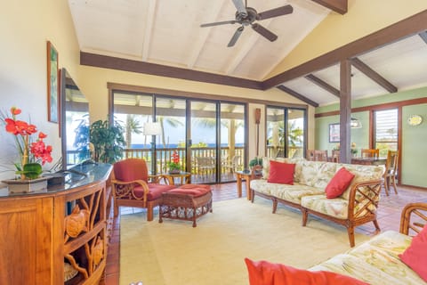 Large ocean view living area with high ceilings 
