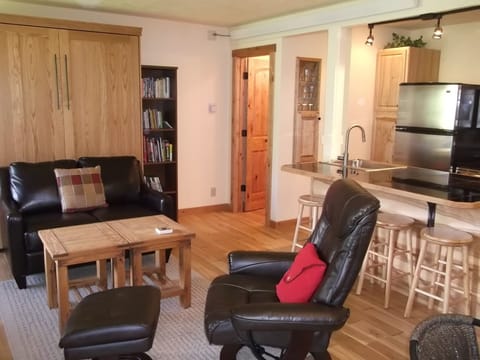 the wall bed is in the cabinet against the wall