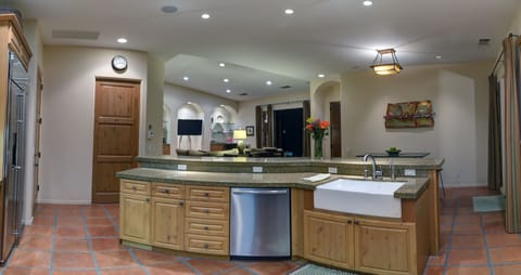 View from kitchen toward Great Room & TV viewing area w breakfast nook at right