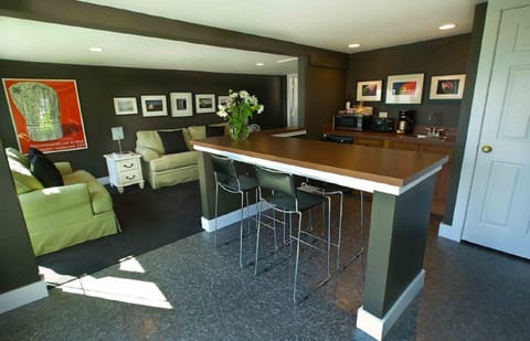 Carriage House Entrance and Kitchenette.
