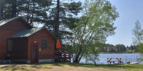 Side view of main cabin and dock. Level frontage, close to water w/lakeside deck