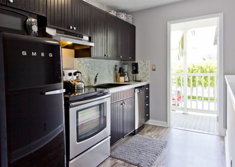 Imported SMEG Fridge and patio just outside for morning coffee and reading