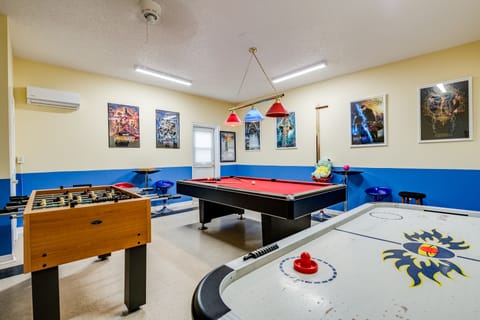 Fully air-conditioned game room with air-hockey, foos ball table and pool table
