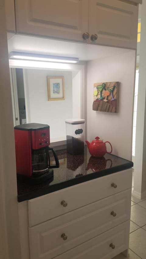 Coffee bar in kitchen from kitchen side.
