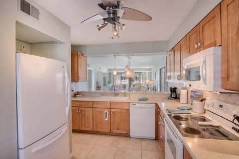 Well-equipped kitchen with spices, oil, most condiments & coffee supplies.