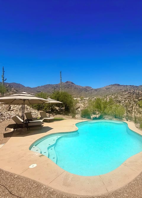 Heated pool with loungers, umbrellas, and desert mountain views