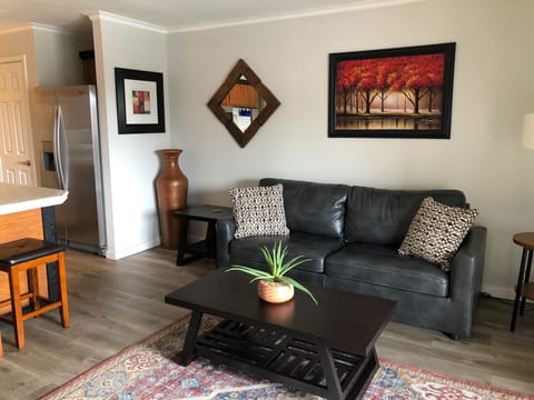 Modern decor with leather sofa-sleeper.