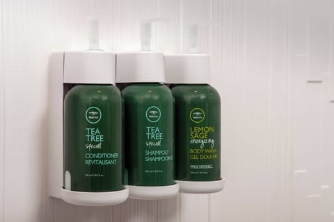 Hydromassage showerhead, free toiletries, hair dryer, towels