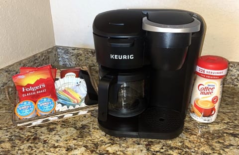 Dual coffee maker (Keurig and carafe) with starter coffee, cream and sweeteners