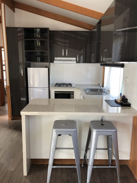 Three-Bedroom Riverfront Cabin | Private kitchen | Full-size fridge, microwave, stovetop, electric kettle