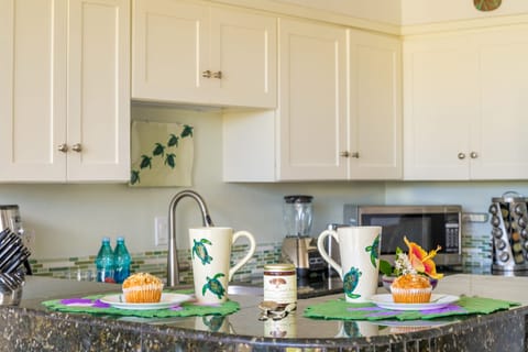 Breakfast delights await you on the extra wide granite countertop.