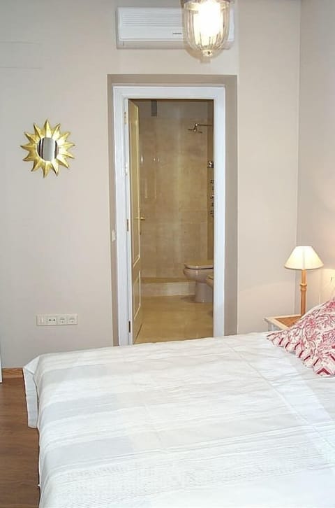 Bedroom and bathroom with shower
