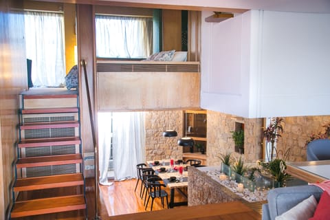 The steps lead up to the bedroom