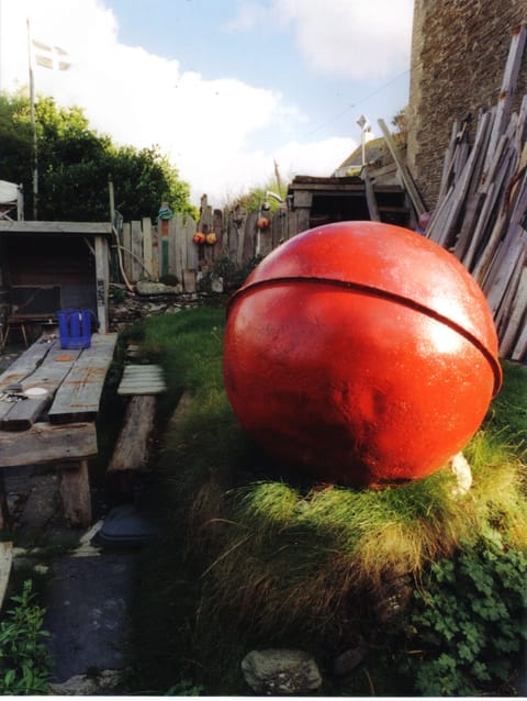 The American red buoy and driftwood  in the house garden.