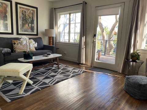 Sun-drenched living room off private front deck.  Pull-out sofa and flat screen.