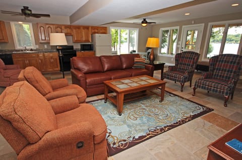 Lower Level family Room Sofa expands to King size temperpedic sleeper.