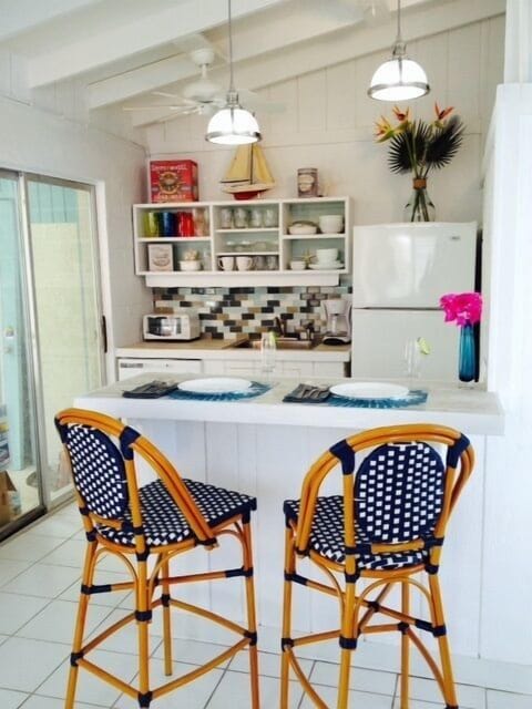 Bright new kitchen and bar counter with Pottery Barn & vintage maritime accents.