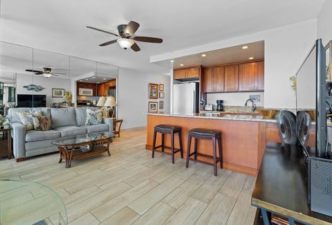 Living room with queen-sized sofa bed.