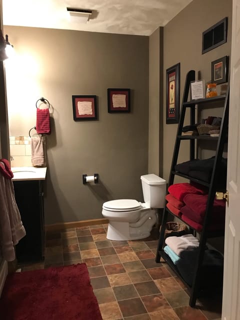 Spacious bathroom with seated shower