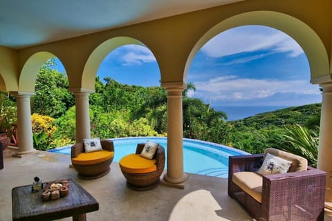 Serene covered patio with infinity pool and lush views